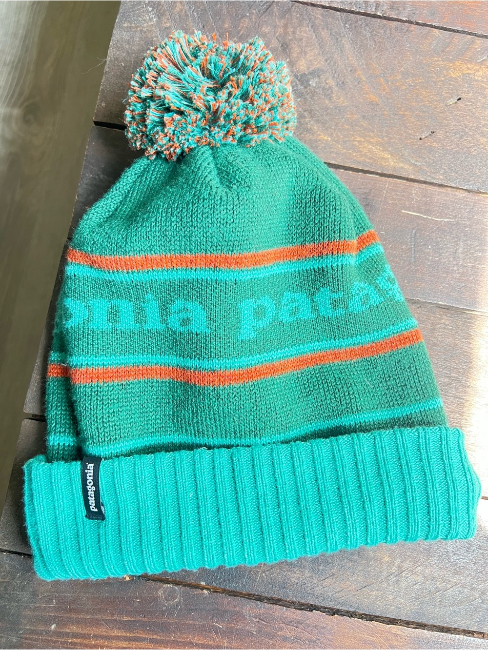 Patagonia Kids Pom Beanie - Teal with Orange Accents